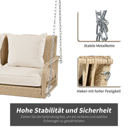 Hollywoodschaukel, Gartenschaukel, Gartenmöbel-Set für den Außenbereich, Beiges Rattan, beiges Sitzkissen, 2 Sitze, mit Sitzkissen und Rückenkissen, abnehmbar und waschbar