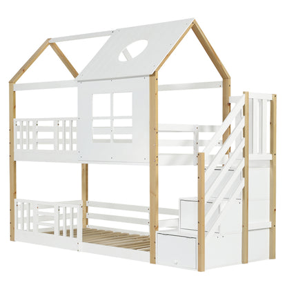 Etagenbett mit Aufbewahrungstreppe, Hausbett, Kinderbett, mit Fallschutzgitter, mit Fenster und Dach, Kiefer+MDF, Weiß+Natur, 90x200cm