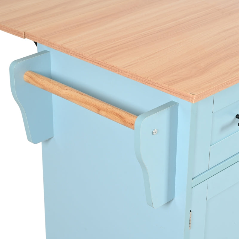 139x46(71)x91,5 cm großer Esswagen/Anrichte, Korpus Blau + Arbeitsplatte in Massivholzmaserung, klappbare Arbeitsplatte, Ablagetür, Rollen, auswechselbare Massivholzfüße, geeignet für Esszimmer, Küche