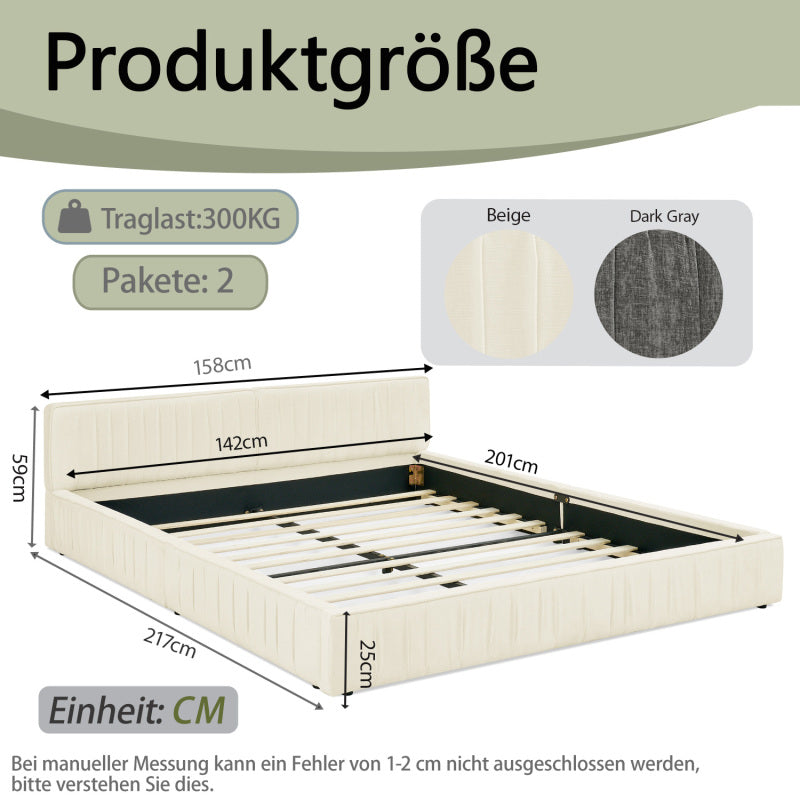 Doppelbett 140x200cm, mit Samtweichem Chenille-Bezug, Aus Ökologischem Eukalyptusholz und Stabiler Eisenrahmen, Beige (ohne Matratze)