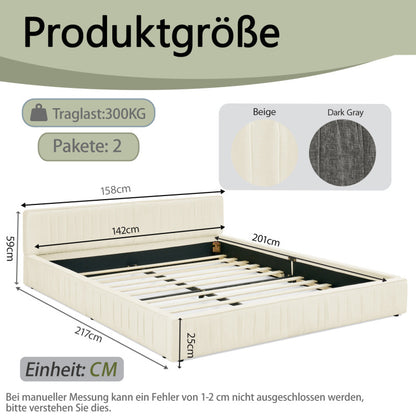 Doppelbett 140x200cm, mit Samtweichem Chenille-Bezug, Aus Ökologischem Eukalyptusholz und Stabiler Eisenrahmen, Beige (ohne Matratze)