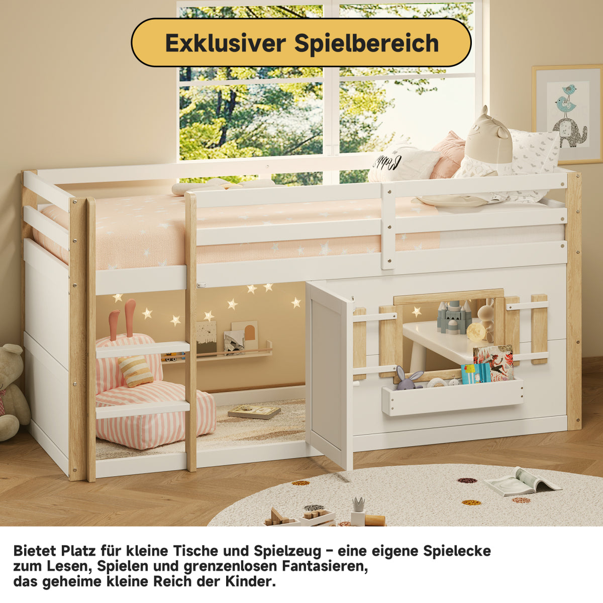 Mini-Etagenbett Weiß 90x200 cm, Kinderbett (110 cm hoch) aus Massivholz/MDF, Inkl. Lattenrost
