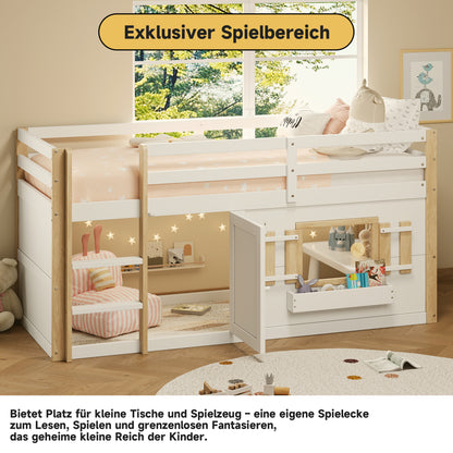 Mini-Etagenbett Weiß 90x200 cm, Kinderbett (110 cm hoch) aus Massivholz/MDF, Inkl. Lattenrost