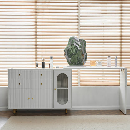 Schminktisch, Kosmetiktisch-Set mit Spiegel und Beleuchtung, ausziehbare Tischplatte, links-rechts wechselbar, 3-farbige LED-Beleuchtung, Maße: B100/H74.5/T40 cm (ohne Hocker)