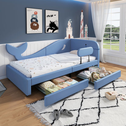 Kinder-Spleißbett, Polsterbett, Tagesbett, Walförmiges Design, Schlafsofa mit Metallbettgestell, 2 Schubladen auf Rollen, PU+MDF+Sperrholz, Blau, 90x200cm