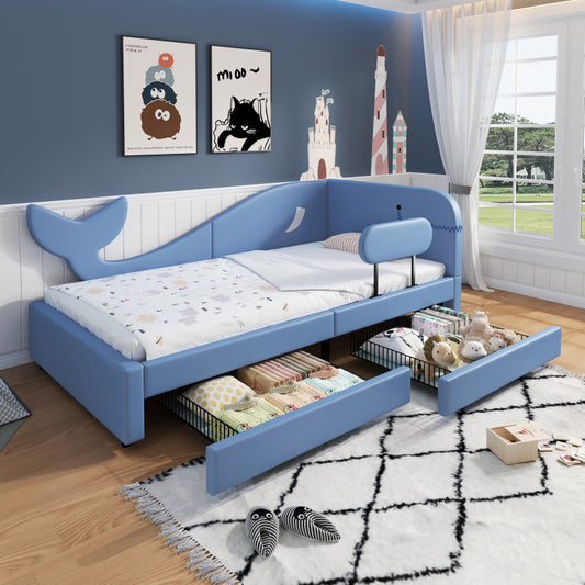 Kinder-Spleißbett, Polsterbett, Tagesbett, Walförmiges Design, Schlafsofa mit Metallbettgestell, 2 Schubladen auf Rollen, PU+MDF+Sperrholz, Blau, 90x200cm