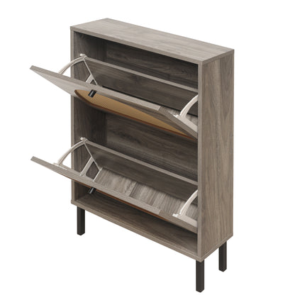 Schuhschrank mit zwei Türen, austauschbaren halbrunden Türfronten und Rattan-Oberfläche, geeignet für den Eingangsbereich und andere Szenen, Retro-grauer