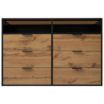 Kommode Sideboard aus Bernstein Glas, Sideboard mit Metallgriffen, Kommode mit 6 Schubladen und 2 Fächern , kippsicher, 120 x 40 x 80 cm, Eiche