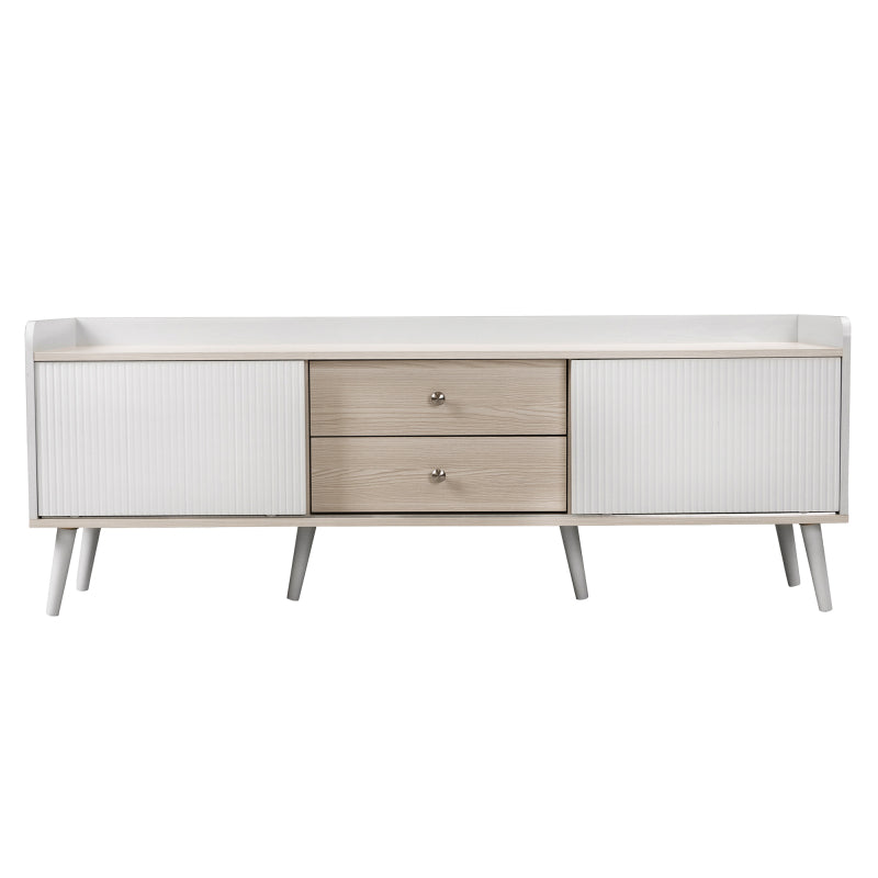 TV-Schrank mit zwei Schubladen, Fernsehtisch TV Board, TV- Lowboard niedrige Platte mit zwei Schiebetüren. Exquisite Textur. Weiß und natürliches Holzfarbe. H58/L160/T40 cm.