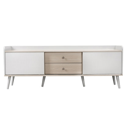 TV-Schrank mit zwei Schubladen, Fernsehtisch TV Board, TV- Lowboard niedrige Platte mit zwei Schiebetüren. Exquisite Textur. Weiß und natürliches Holzfarbe. H58/L160/T40 cm.