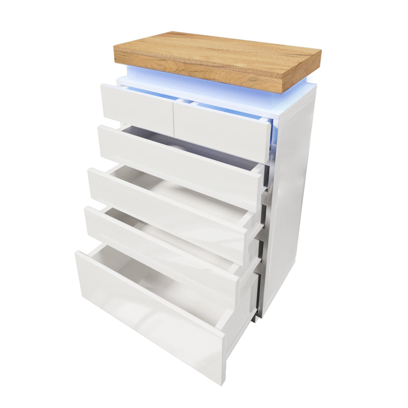 Kommode, Hochglanz Sideboard mit 6 Schubladen, LED Beleuchtung (App Control), Mehrzweckschrank für Wohnzimmer und Schlafzimmer, 115 x 73 x 39 cm, Weiß