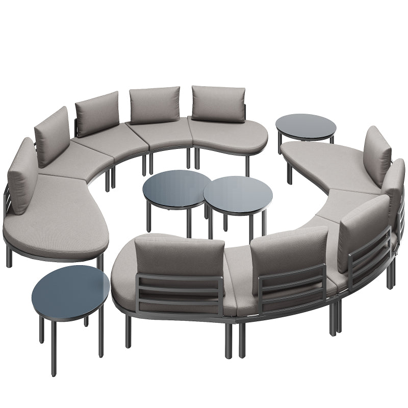 Gartenmöbel-Set (10 Sitzplätze), 4 Couchtische aus gehärtetem Glas, verzinkter Eisenrahmen, bequeme Gartenmöbel mit grauen Sitzpolstern und Kissen, verstellbare Beine, elegantes rundes Sofa