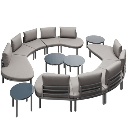 Gartenmöbel-Set (10 Sitzplätze), 4 Couchtische aus gehärtetem Glas, verzinkter Eisenrahmen, bequeme Gartenmöbel mit grauen Sitzpolstern und Kissen, verstellbare Beine, elegantes rundes Sofa