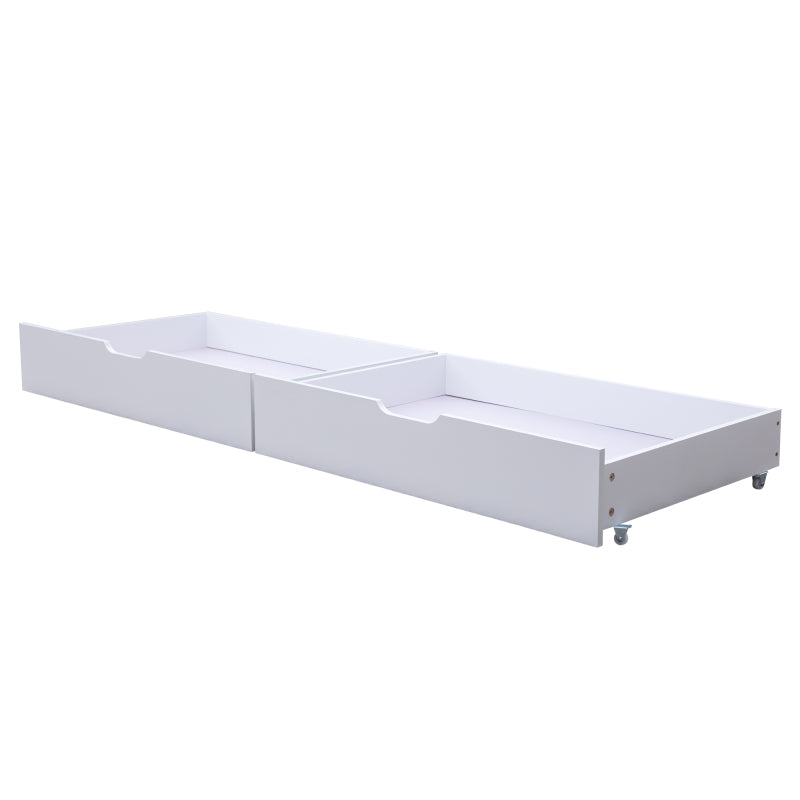 Etagenbett mit Schubladen und Regalen, Hausbett mit dreistufige rechtwinklige Leiter, Kinderbett mit Fallschutz und Gitter, Rahmen aus Kieferholz, Weiß (90x200cm)