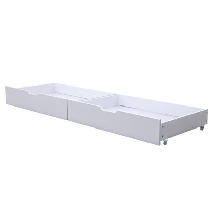 Etagenbett mit Schubladen und Regalen, Hausbett mit dreistufige rechtwinklige Leiter, Kinderbett mit Fallschutz und Gitter, Rahmen aus Kieferholz, Weiß (90x200cm)