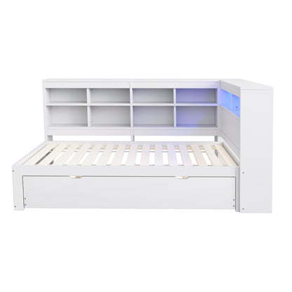 Massivholz-Einzelbett 90x200 Weiß mit Ausziehbett - Multifunktionales Schlafsofa inkl. LED, USB-Steckdose, Regalen & viel Stauraum, Weiß