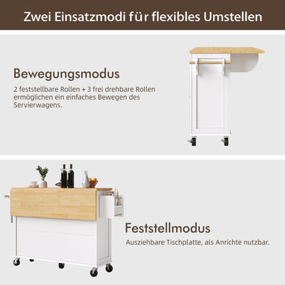 Kücheninsel mit Rollen & Glastüren, klappbare Arbeitsplatte, mobiler Servierwagen mit Schublade & Regal, Küchenwagen Weiß & Holzoptik