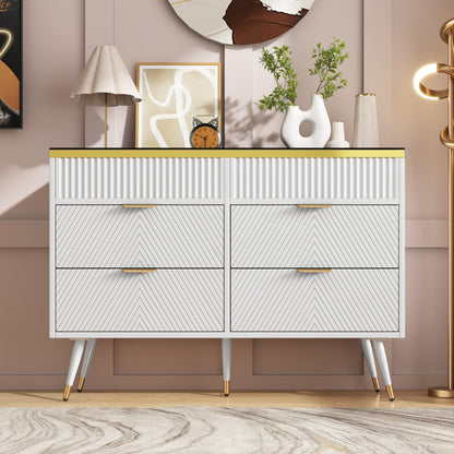 Kommode Sideboard aus Bernstein Glas, Kommode mit 6 Schubladen,Facheinteilung, kippsicher, Hochschrank für Schlafzimmer und alle Wohnräume, 120 x 40 x 76 cm, weiß