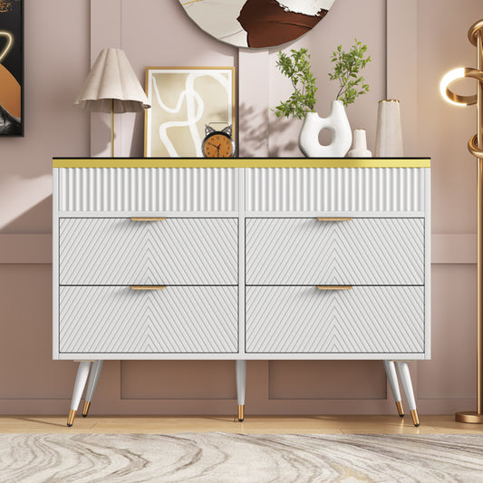 Kommode Sideboard aus Bernstein Glas, Kommode mit 6 Schubladen,Facheinteilung, kippsicher, Hochschrank für Schlafzimmer und alle Wohnräume, 120 x 40 x 76 cm, weiß