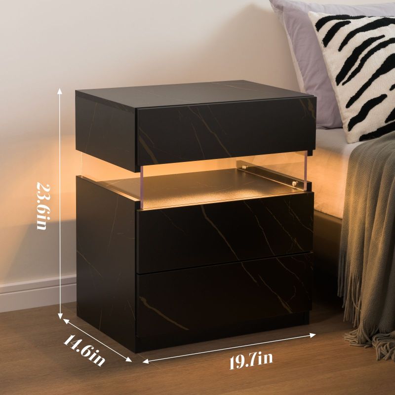 LED Nightstands 3 Drawer Dresser for Bedroom End Table with Acrylic Board LED Bedside Tables for Bedroom Living Room Bedside Furniture (Black+Glod)