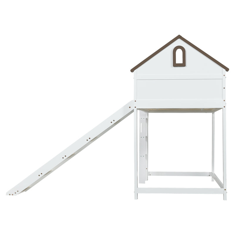 Hochbett, Mit Dach und Fenster, Mit dreistufiger gerader Leiter, Jugendbett, Kinderbett mit Rutsche,  Kiefer+MDF, Weiß+Walnuss, 90x200cm