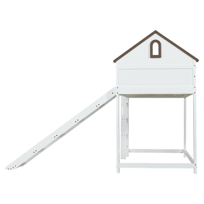 Hochbett, Mit Dach und Fenster, Mit dreistufiger gerader Leiter, Jugendbett, Kinderbett mit Rutsche,  Kiefer+MDF, Weiß+Walnuss, 90x200cm