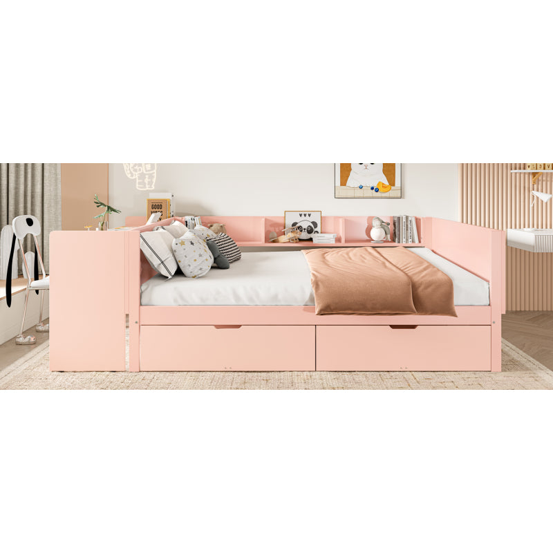 Flachbett, Holzbett, 140x200cm, mit Schreibtisch, ausgestattet mit 2 Schubladen, Doppelbett(Ohne Matratze), mit Regalen, Kiefer + Spanplatte, Rosa