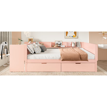 Flachbett, Holzbett, 140x200cm, mit Schreibtisch, ausgestattet mit 2 Schubladen, Doppelbett(Ohne Matratze), mit Regalen, Kiefer + Spanplatte, Rosa