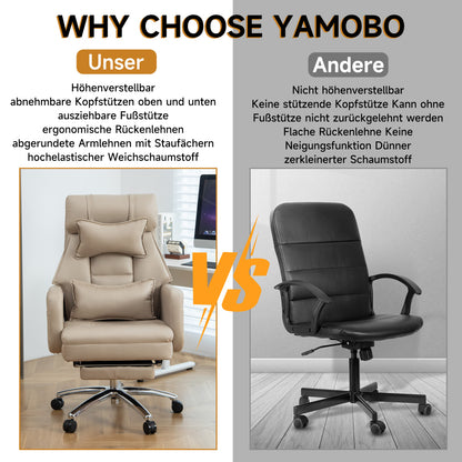 Ergonomischer Bürostuhl mit 155° Liegefunktion, Fußstütze, Tech-Leder, Beige