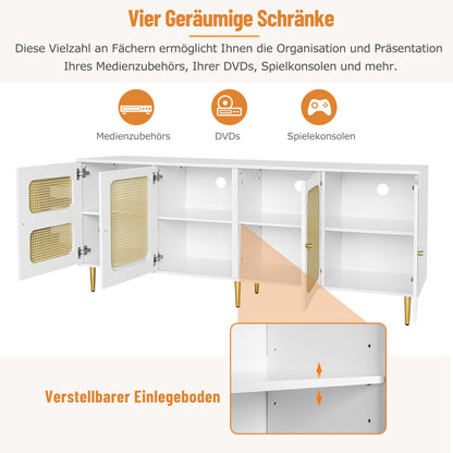 Eleganter Weißer Rattan-TV-Schrank 180x40x72 cm - Mit 4 Rattantüren, Höhenverstellbaren Regalen und Kabelmanagement, Für bis zu 80 Zoll Fernseher,TV-Schränke,Lowboards