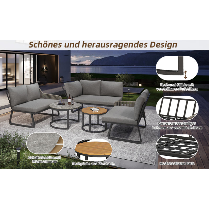 Gartenmöbel-Set für 6-7 Personen, Outdoor-Lounge-Set, Rattan-Handwerk, mit zwei Tischen, mit verzinktem Eisengestell, verstellbare Beine, inklusive aller Sitz- und Rückenkissen, grau