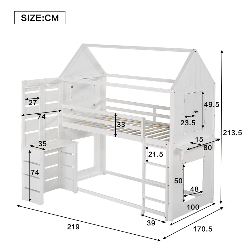Etagenbett, Hausbett, Kinderbett mit Fallschutz und Gitter, mit Tisch, Offenes Regal, zwei Fenster, Reichlich Stauraum, Kiefer+MDF, Weiß, 90x200cm