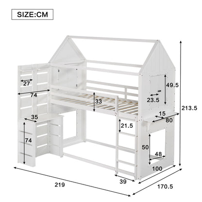 Etagenbett, Hausbett, Kinderbett mit Fallschutz und Gitter, mit Tisch, Offenes Regal, zwei Fenster, Reichlich Stauraum, Kiefer+MDF, Weiß, 90x200cm