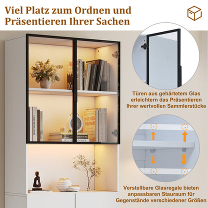 Moderne Vitrine Weiß 80x30x200cm - Glasschrank mit LED-Beleuchtung, Einstellbare Helligkeit & Farbtemperatur, Bücherregal für Sammlerstücke, weiß
