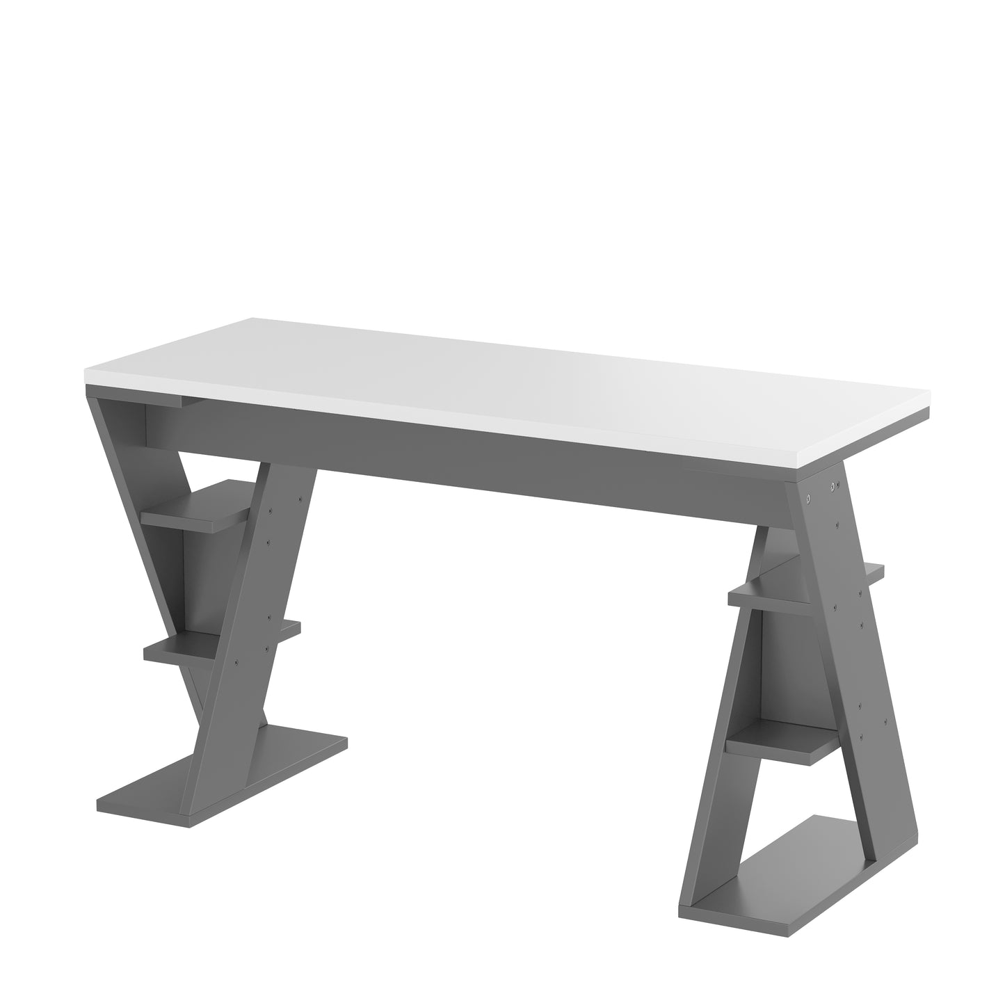 Einfacher Schreibtisch, Schreibtisch mit X-förmiger Halterung, Lagerregal mit sechs Positionen, stilvoll und robust, Grau + Weiß