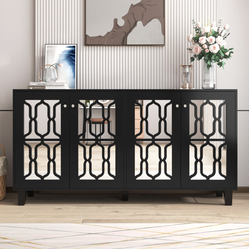 Schwarz verspiegelte Anrichte mit kühlen Kristallgriffen, Vier Türen, mit beweglichem Laminat.für Wohn- und Esszimmer, 160 x 40 x 84cm
