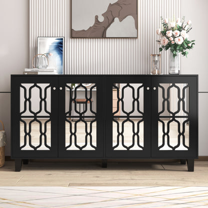 Schwarz verspiegelte Anrichte mit kühlen Kristallgriffen, Vier Türen, mit beweglichem Laminat.für Wohn- und Esszimmer, 160 x 40 x 84cm