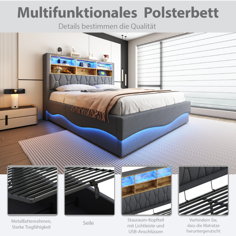 Polsterbett 140×200  mit hydraulischem Stauraum APP-gesteuertes LED-Lichtband USB-Ladeanschluss Metall-Lattenrost Leinenpolsterung Grau