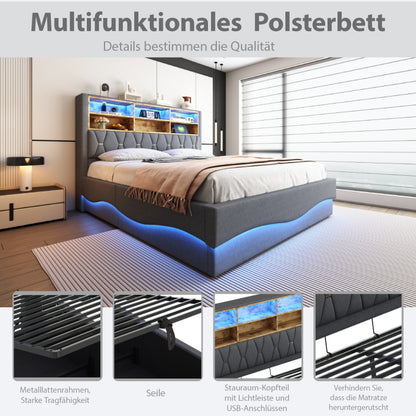 Polsterbett 140×200  mit hydraulischem Stauraum APP-gesteuertes LED-Lichtband USB-Ladeanschluss Metall-Lattenrost Leinenpolsterung Grau