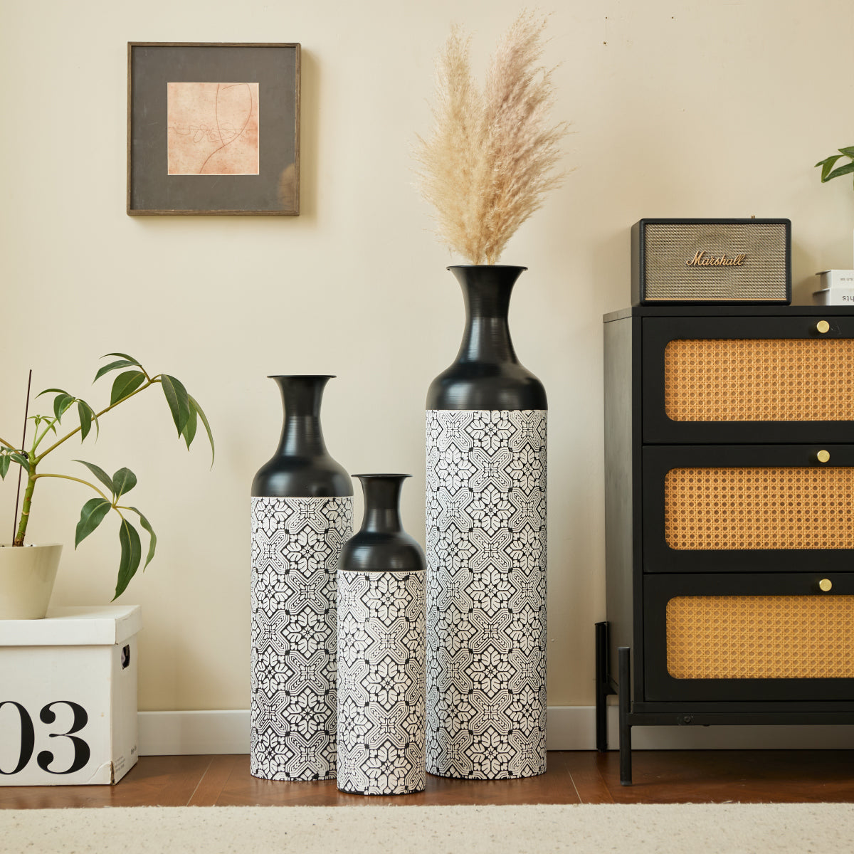 3er Set Bodenvase Metall, Schwarz-Weiß, Retro Stil, 83/65/50 cm hoch