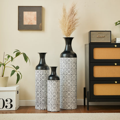 3er Set Bodenvase Metall, Schwarz-Weiß, Retro Stil, 83/65/50 cm hoch