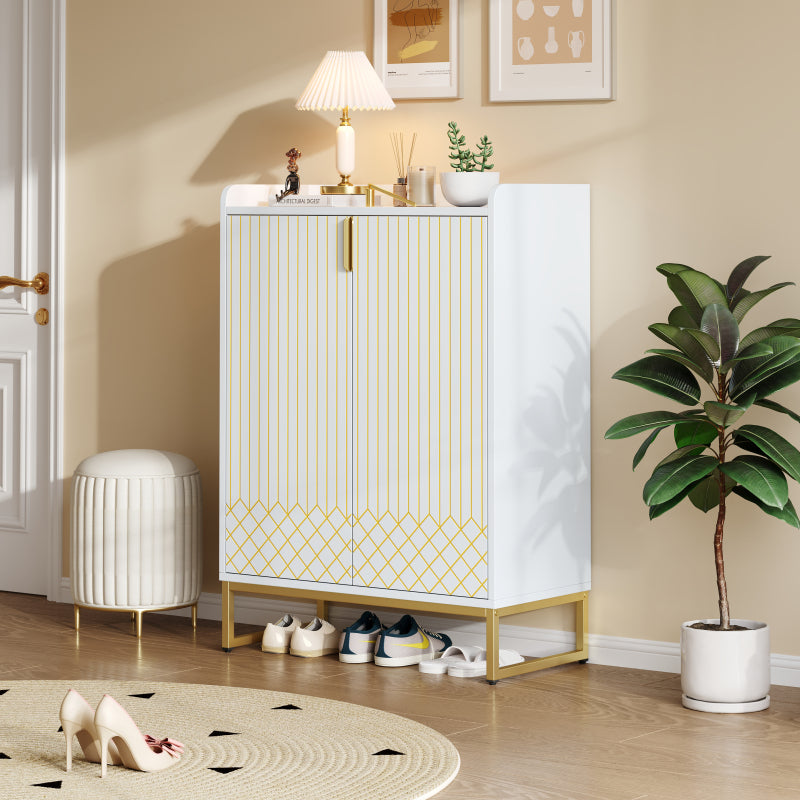 Moderner weißer Schuhschrank mit goldenen Metallbeinen, Aufbewahrungsschrank mit goldfarbenen Schranktüren, 75*37*105CM.