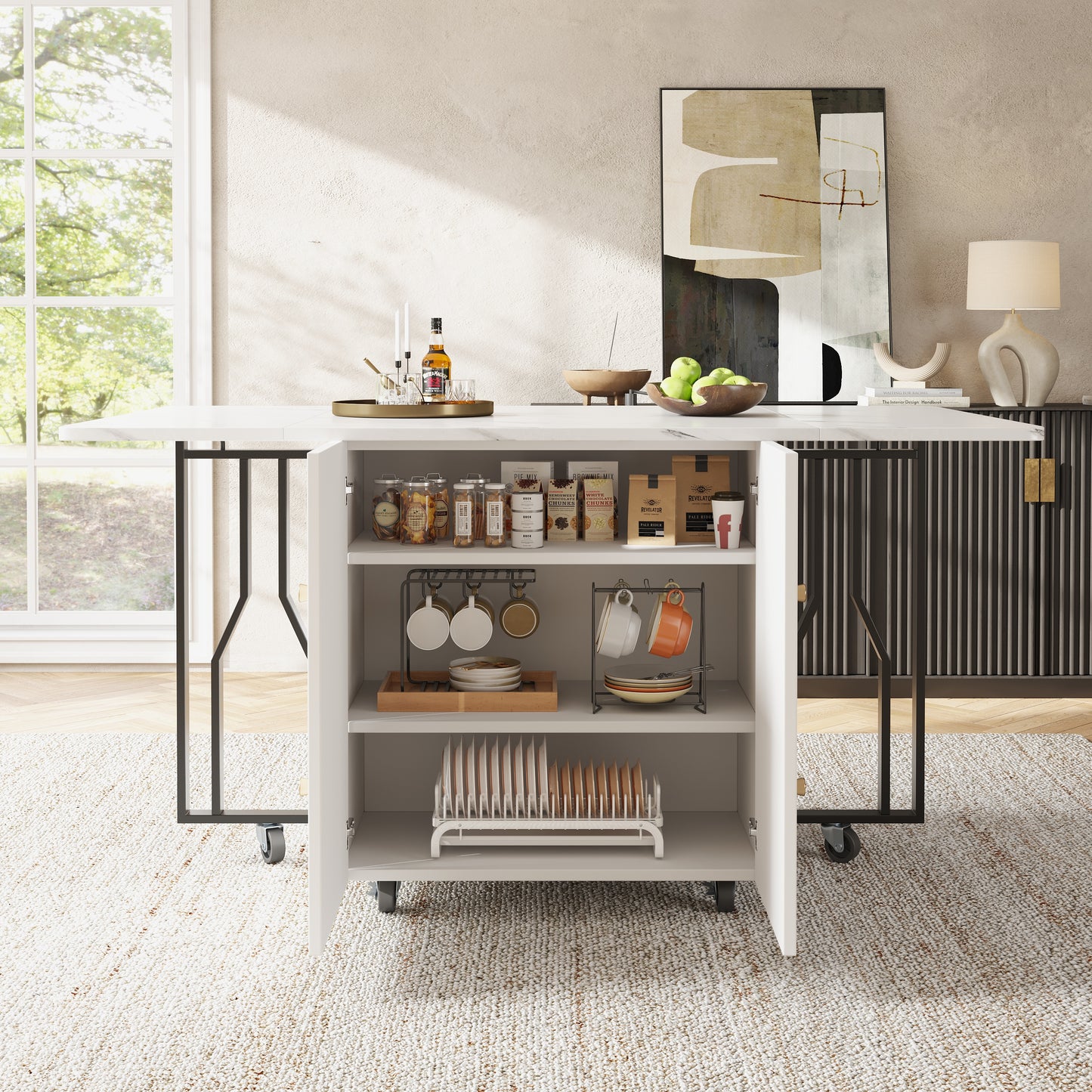 Tragbarer Esstisch, klappbare Tischplatte, marmorierte Tischplatte, geeignet für Esszimmer, Wohnzimmer, verstellbare Trennwände, großes Staufach, 6 Rollen (2 feststellbar), schwarze Tischbeine