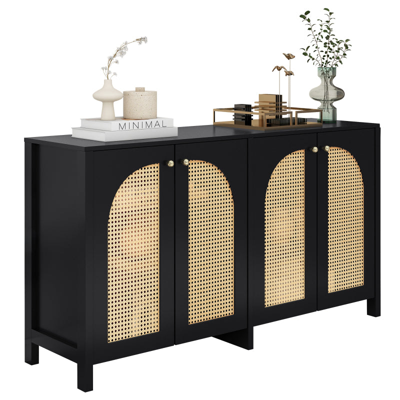 Modernes Sideboard im minimalistischen Stil 4-Rattantür, Metallgriff einfaches Buffetschrank für Esszimmer, Wohnzimmer, Küche (Schwarz)