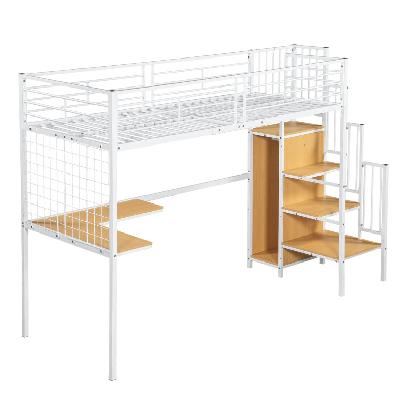 Eisenbett, Etagenbett, Hochbett, Geeignet für Kinder und Jugendliche, mit Tisch und Kleiderschrank, Seitenleiter mit Handlauf, Eisen+Spanplatte, Weiß+Natur, 90x200cm