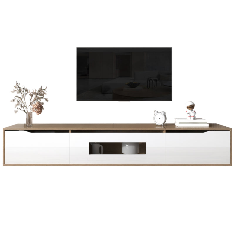 TV-Schrank, Hochglanz-TV-Schrank, farblich passend zu Hochglanz-Weiß und Holzfarbe, mit farbwechselndem LED-Licht.