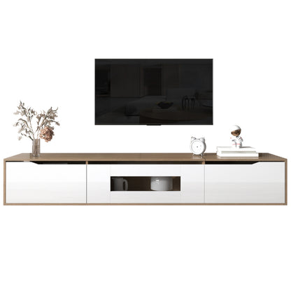 TV-Schrank, Hochglanz-TV-Schrank, farblich passend zu Hochglanz-Weiß und Holzfarbe, mit farbwechselndem LED-Licht.