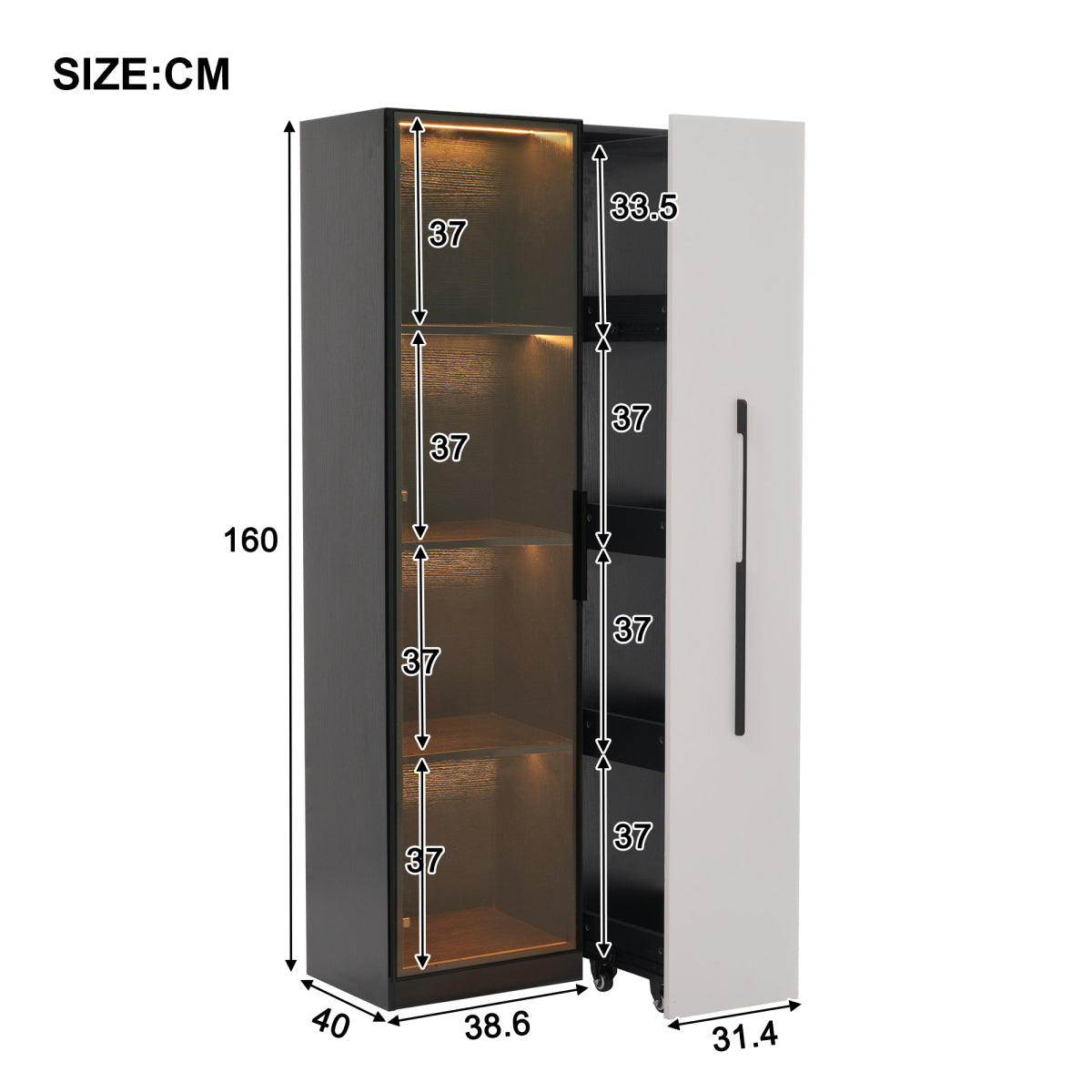 Multifunktionsschrank 70x40x160cm - LED Vitrine mit Glastür aus gehärtetem Glas & Aluminiumrahmen, Seitenauszug auf Rollen, Schwarz-Weiß