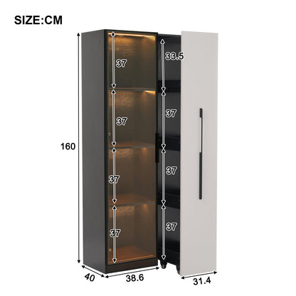 Multifunktionsschrank 70x40x160cm - LED Vitrine mit Glastür aus gehärtetem Glas & Aluminiumrahmen, Seitenauszug auf Rollen, Schwarz-Weiß