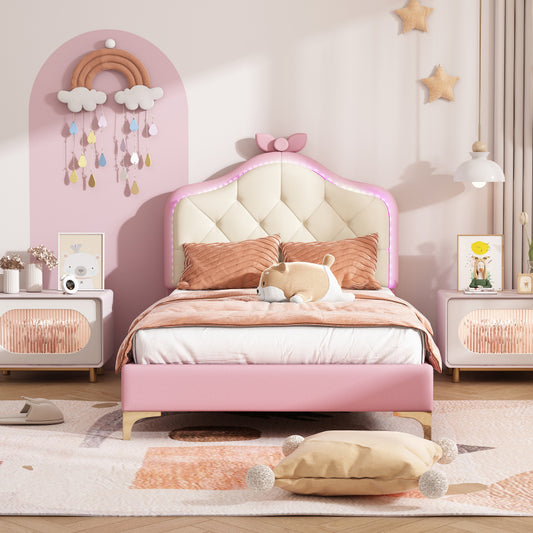 Polsterbett, Einzelbett, Wellenform mit Zugpunkt am Kopfende des Bettes, rosa Schleife, mit mehrfarbigen, wechselnden LED-Streifen, Kinderbett mit Holzlatten, Einzelbett, PU, rosa Bettrahmen, 90x200cm